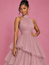 Hot Pink Tulle Halter Neck Tiered Ruffle Maxi Dress