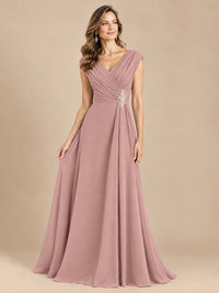 V Neck Pleated Mother of The Bride Dresses with Beading Cap Sleeves
