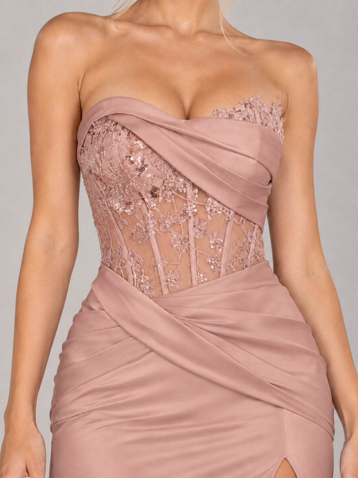 Strapless Satin Prom Dress with Sheer Lace Corset & High Slit