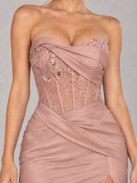 Strapless Satin Prom Dress with Sheer Lace Corset & High Slit