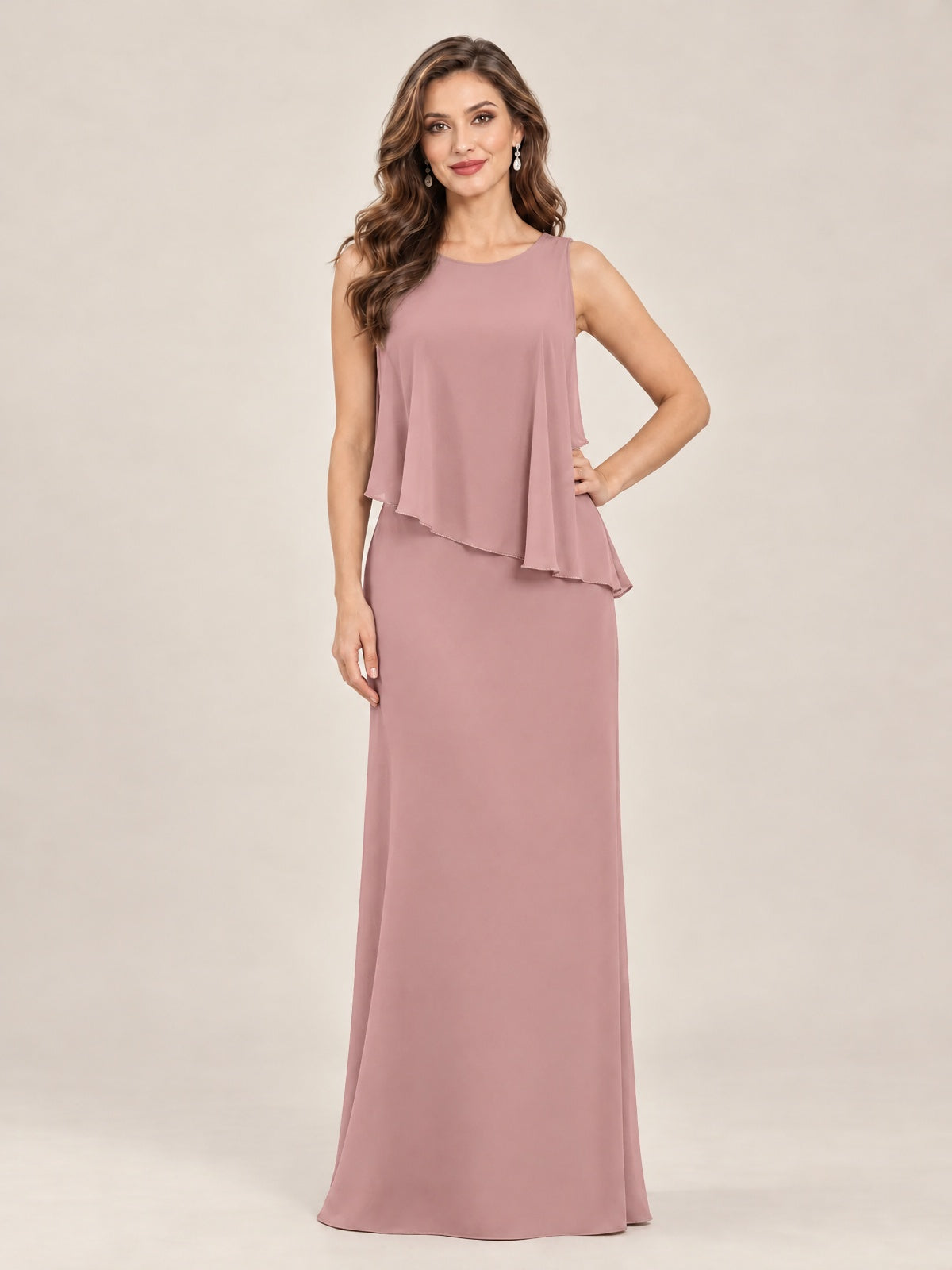 Cape Sleeve Mother of the Bride Dress with Asymmetrical Overlay
