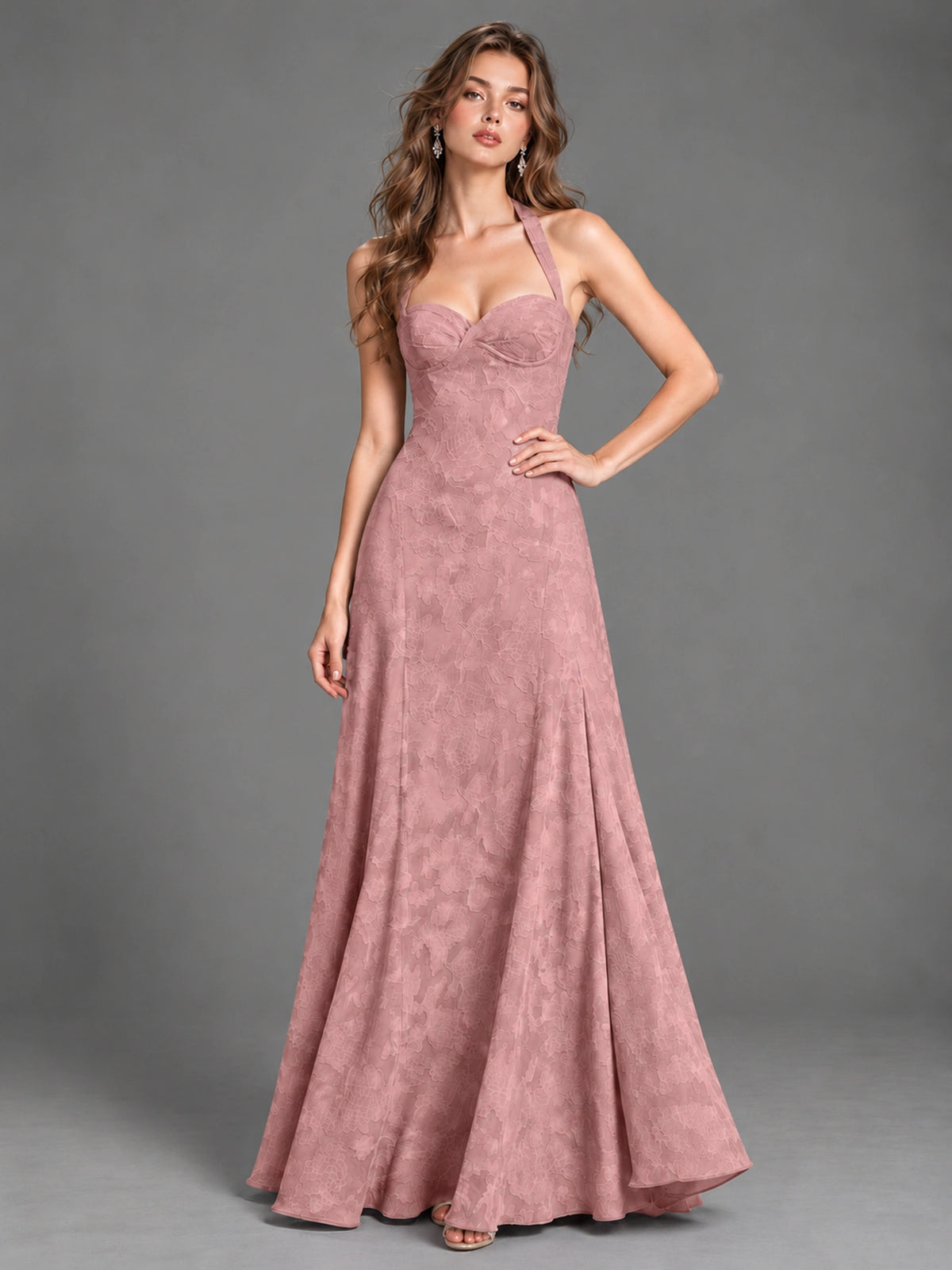 A-Line Halter Floral Chiffon Maxi Dress