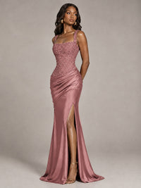 Scoop Neck Sequin Prom Dress with High Slit Satin Formal Gowns