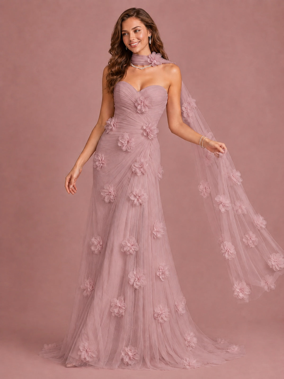 Blush Pink Strapless Sweetheart 3D Floral Tulle Mermaid Prom Dress
