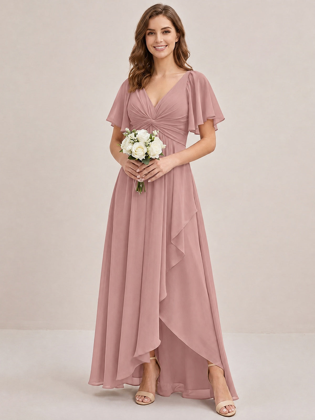 Dusty Blue Chiffon Bridesmaid Dress with Flutter Sleeves & High-Low Hem