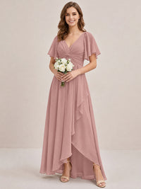 Dusty Blue Chiffon Bridesmaid Dress with Flutter Sleeves & High-Low Hem
