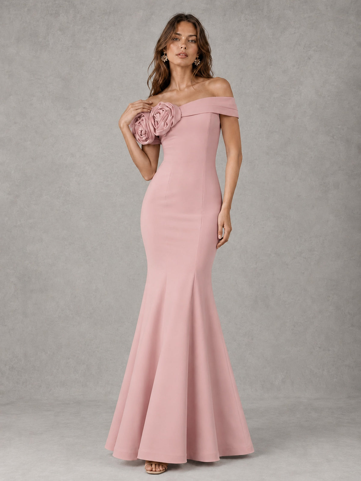Blush Pink Off Shoulder Mermaid Bridesmaid Dress with Floral Rosette