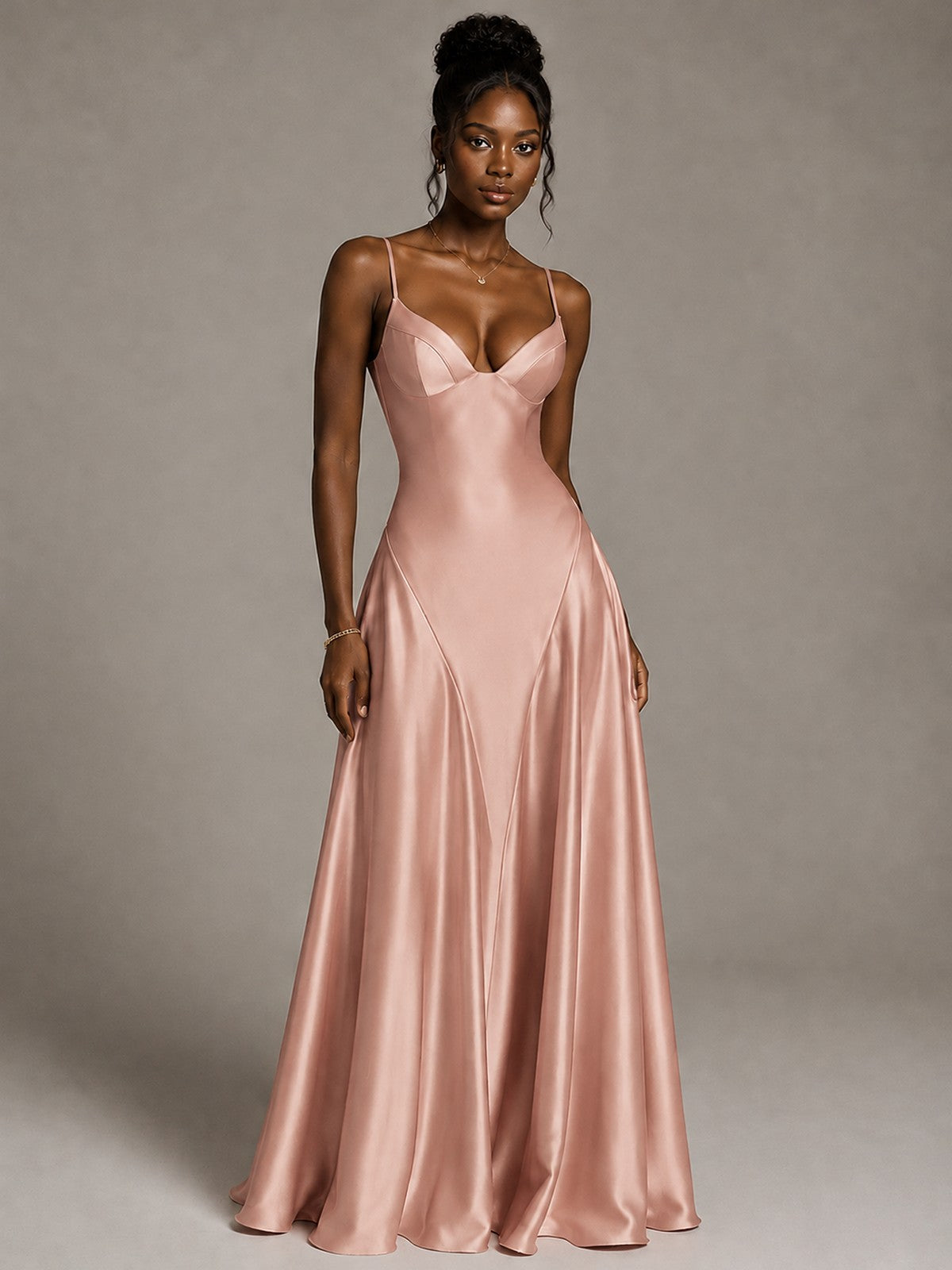 Lavender V Neck Satin Prom Dress with Spaghetti Straps
