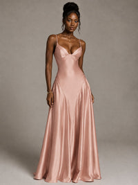 Lavender V Neck Satin Prom Dress with Spaghetti Straps