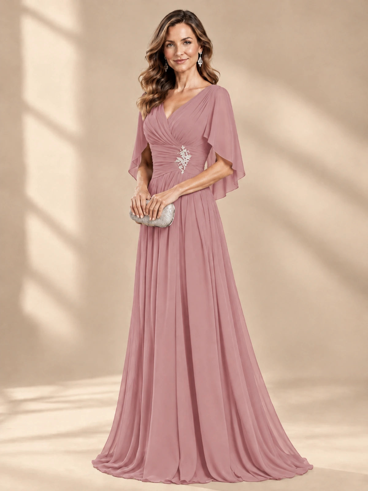 Ruched V Neck Mother of The Bride Dresses with Shawls Appliques and Cap Sleeves