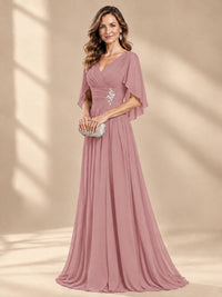 Ruched V Neck Mother of The Bride Dresses with Shawls Appliques and Cap Sleeves