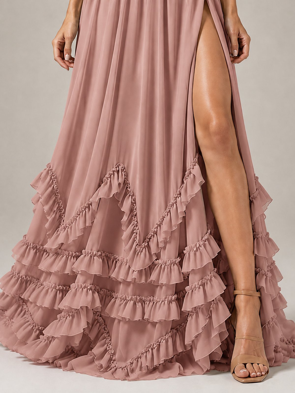 Halter V Neck Chiffon Formal Dress with Lace-Up Back and Ruffle Hem