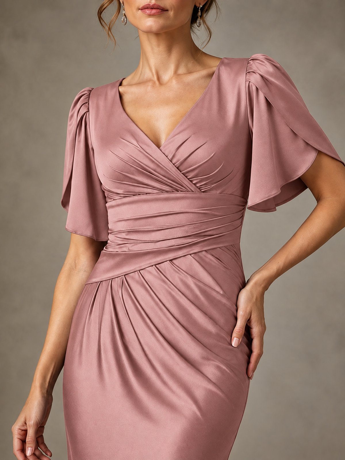 V-Neck Satin Mother of the Bride Dress with Flutter Sleeves