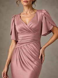 V-Neck Satin Mother of the Bride Dress with Flutter Sleeves
