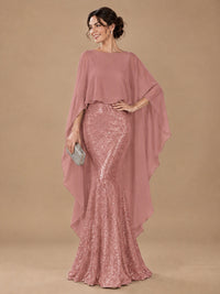 Sequin 2 Pieces Mother of the Bride Dress with Cap Sleeves Chiffon Formal Gowns