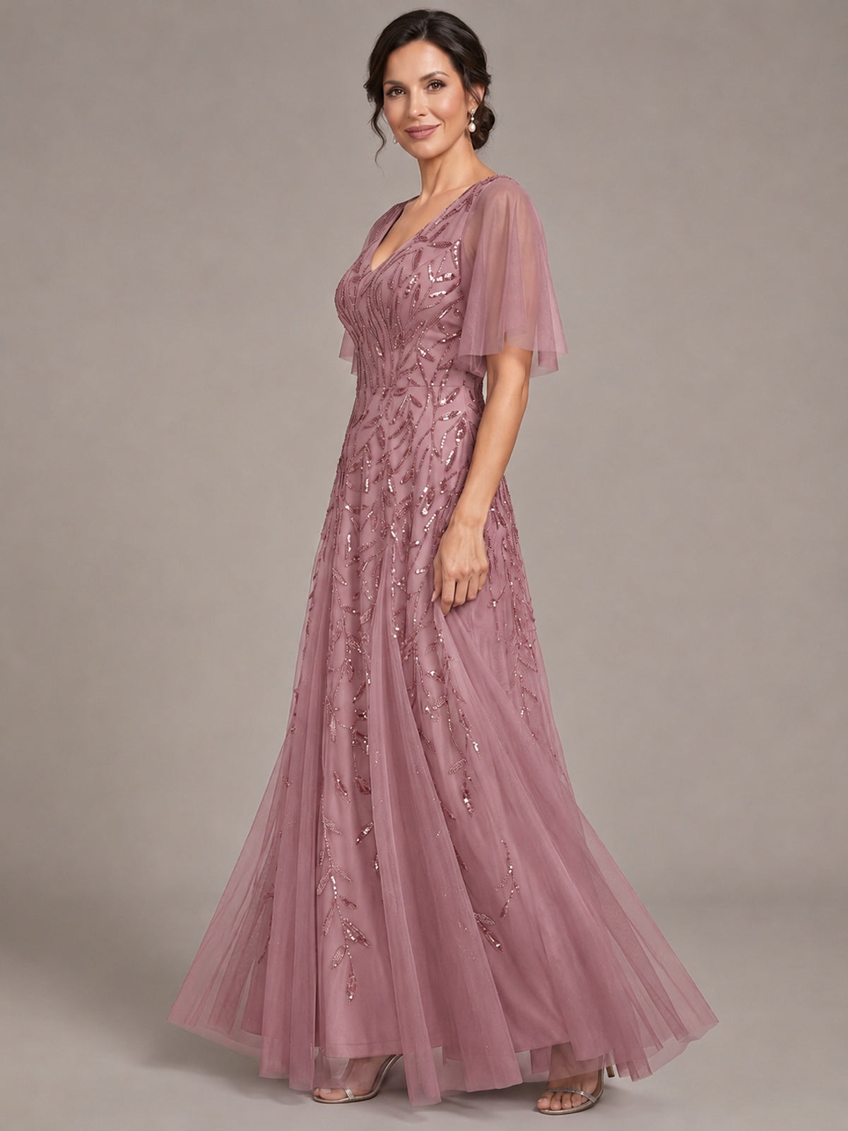 V-Neck Sequin Tulle Mother of the Bride Dress with Flutter Sleeve