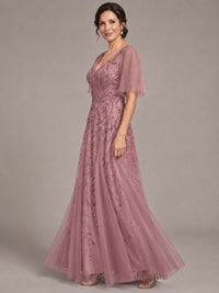 V-Neck Sequin Tulle Mother of the Bride Dress with Flutter Sleeve