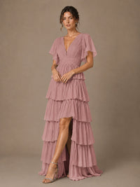 Chiffon V-Neck Tiered Ruffle Bridesmaid Dress with Slit