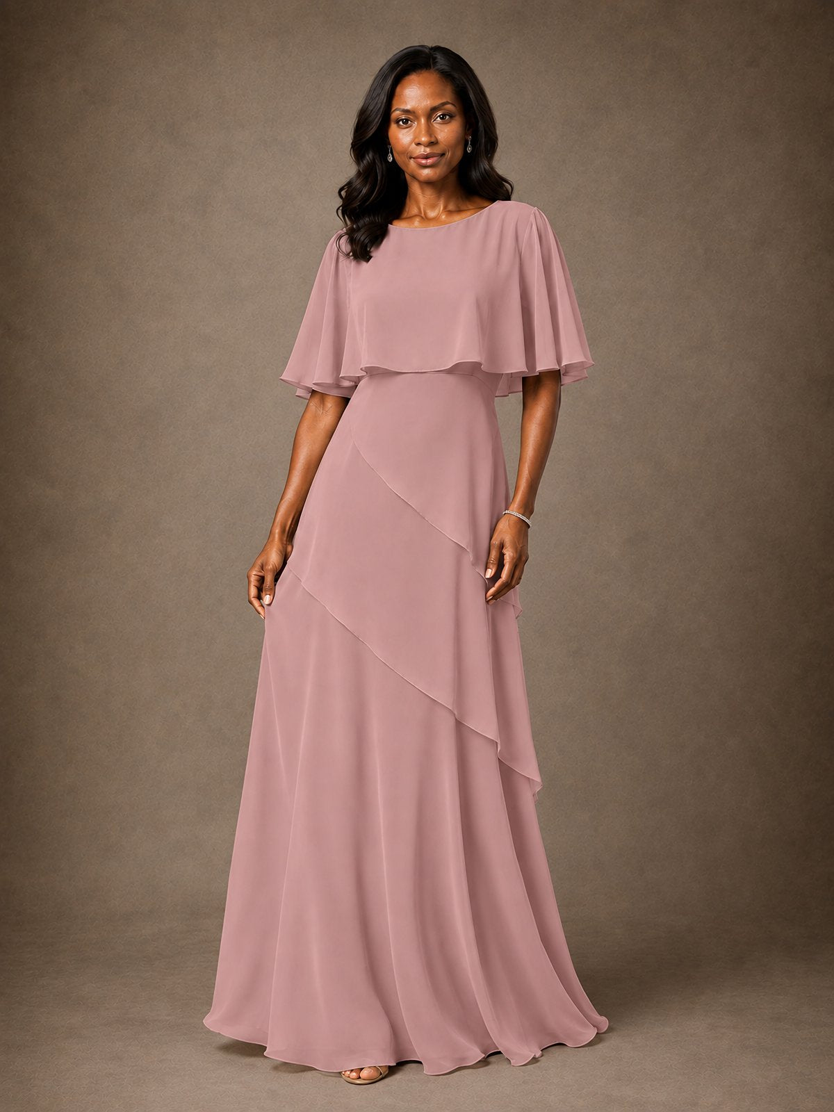 Taupe Chiffon A-Line Mother of the Bride Dress with Cape Sleeves