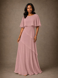 Taupe Chiffon A-Line Mother of the Bride Dress with Cape Sleeves