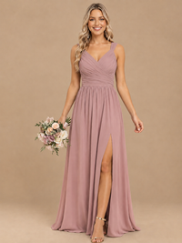 Pleated Chiffon V Neck Wedding Bridesmaid Dresses Floor Length with Slit