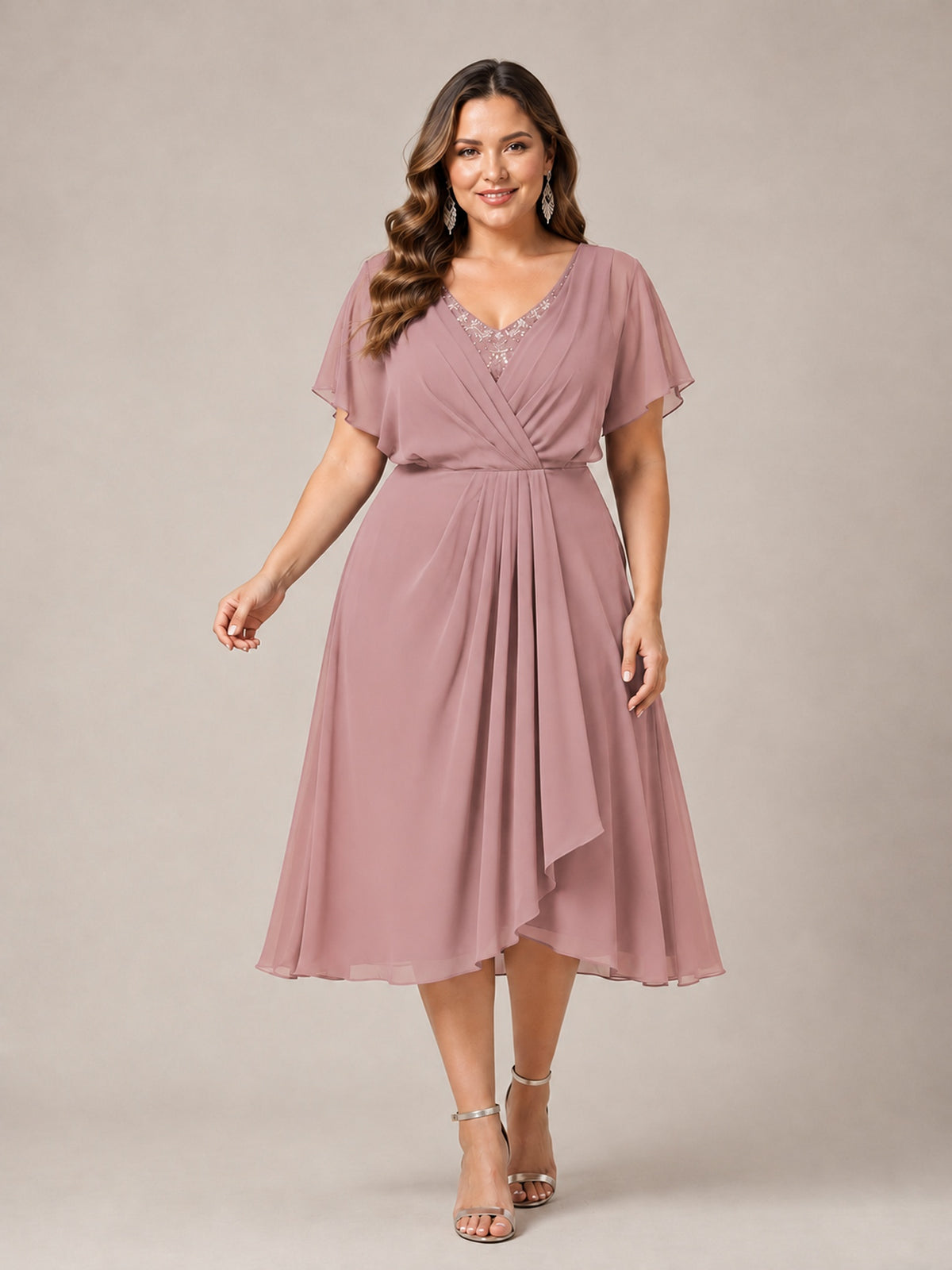 Navy Blue A-Line V-Neck Tea-Length Mother of the Bride Dress