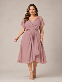 Navy Blue A-Line V-Neck Tea-Length Mother of the Bride Dress