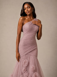 Blush Pink One Shoulder 3D Floral Mermaid Prom Dress