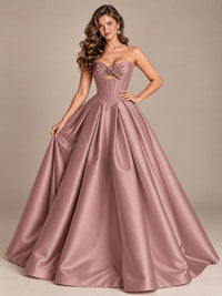 Pink Strapless Corset Satin Prom Derss & Ball Gown with 3D Floral