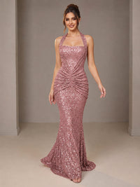 Gold Halter Sequin Mermaid Ruched Prom Dress Long Ruched Evening Gown