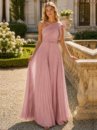 One Shoulder Pleated Chiffon A-Line Floor-Length Bridesmaid Dress