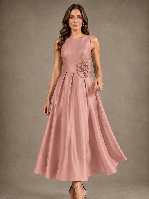 Tea-Length Satin Mother of the Bride Dress with 3D Flower Detail