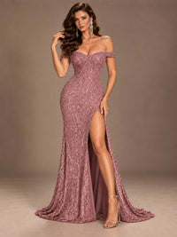 Off the Shoulder Corset Sequin Mermaid Prom Dress with Slit