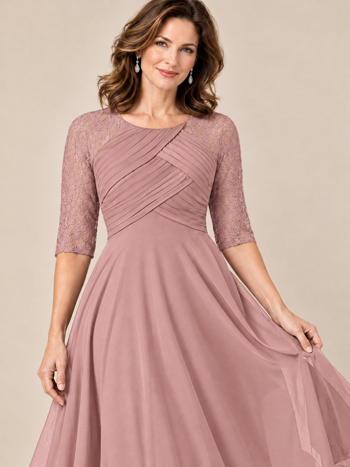 Tea-Length Mother of the Bride Dress with Lace 3/4 Sleeves