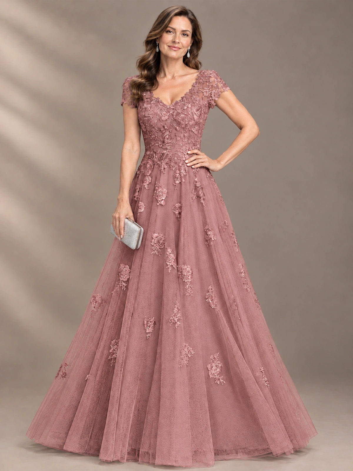 Lace Appliques A-line Mother of The Bride Dresses with Short Sleeves