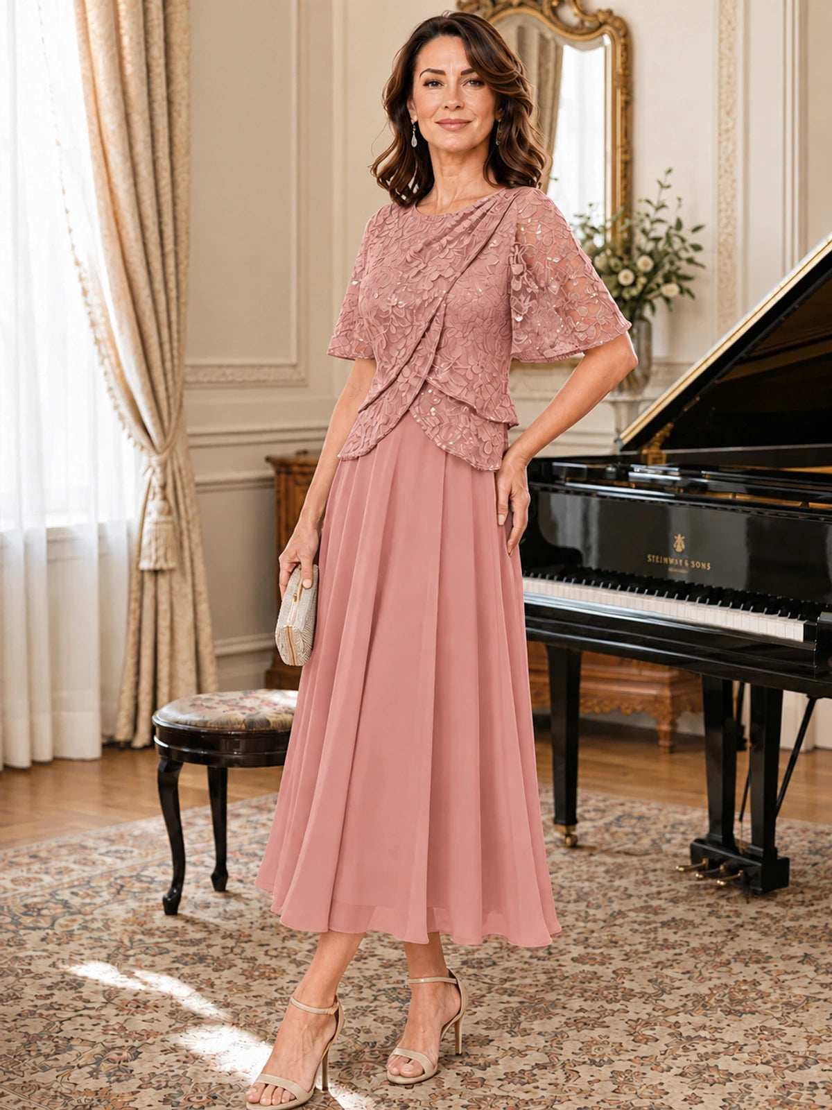 Tea-Length Chiffon Mother of the Bride Dress with Sequin Lace Sleeves