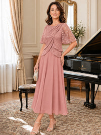 Tea-Length Chiffon Mother of the Bride Dress with Sequin Lace Sleeves