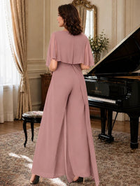 Chiffon Mother of the Bride Jumpsuit with Layered Cape Sleeves
