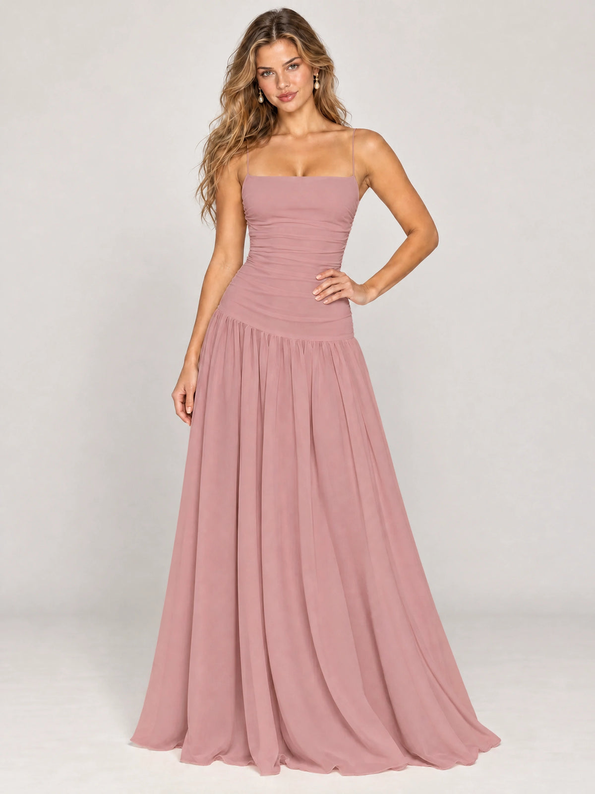Butter Yellow Ruched Spaghetti Strap Drop-Waist Prom Dress