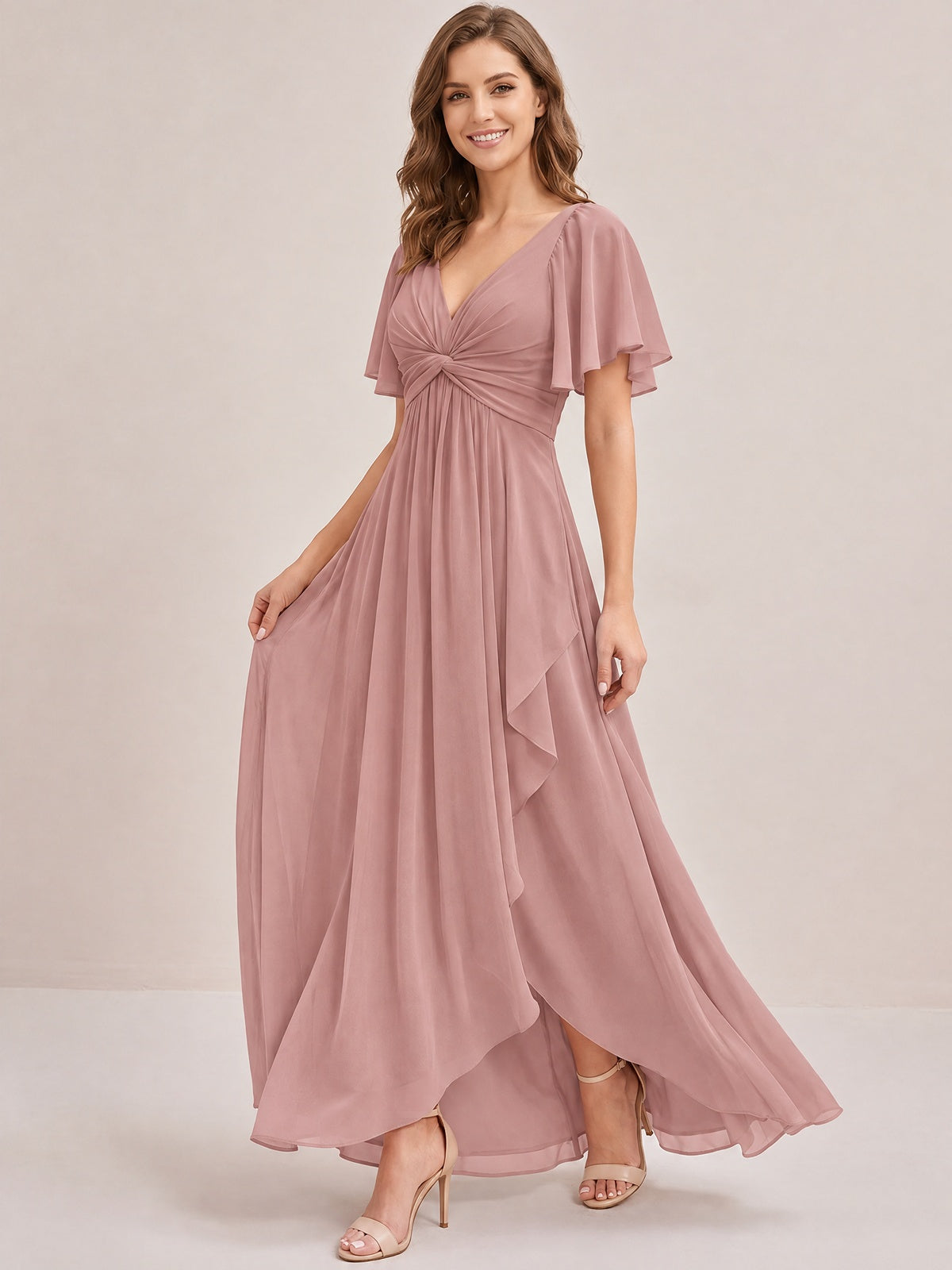 Dusty Blue Chiffon Bridesmaid Dress with Flutter Sleeves & High-Low Hem
