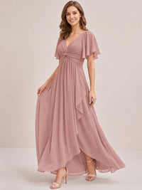 Dusty Blue Chiffon Bridesmaid Dress with Flutter Sleeves & High-Low Hem
