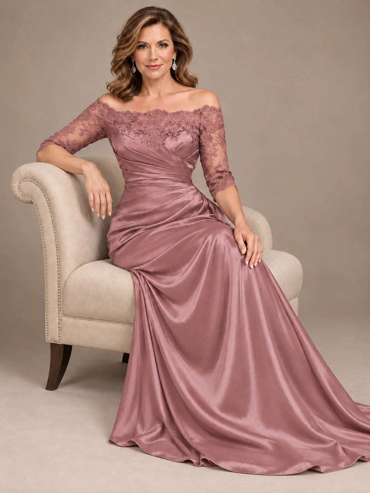 Satin Mother of the Bride Dress with Lace Sleeves Off Shoulder Formal Gown