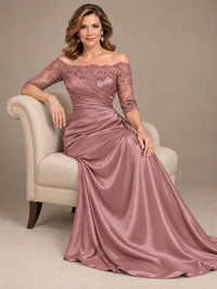 Satin Mother of the Bride Dress with Lace Sleeves Off Shoulder Formal Gown
