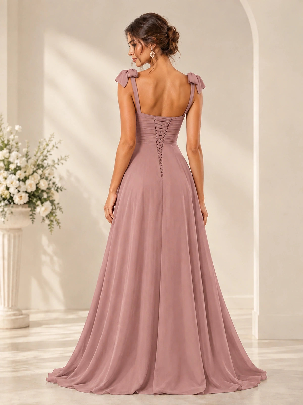 Ruffle Slit Chiffon A Line Scoop Neck Bridesmaid Dresses with Pockets