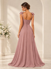 Ruffle Slit Chiffon A Line Scoop Neck Bridesmaid Dresses with Pockets