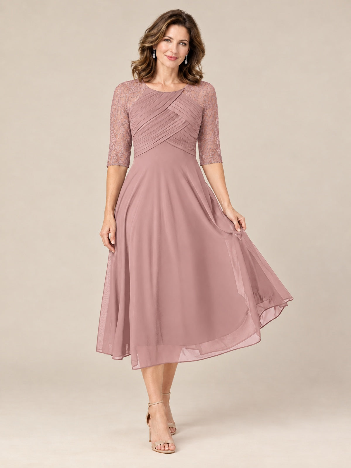 Tea-Length Mother of the Bride Dress with Lace 3/4 Sleeves