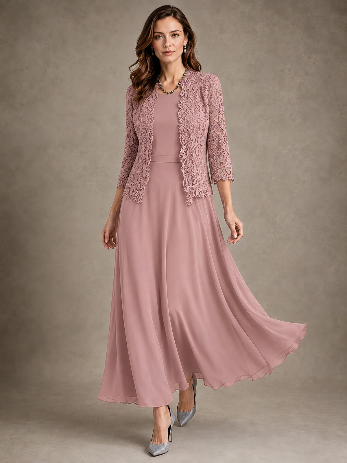 2-Piece Chiffon Mother of the Bride Dress with Lace Jacket