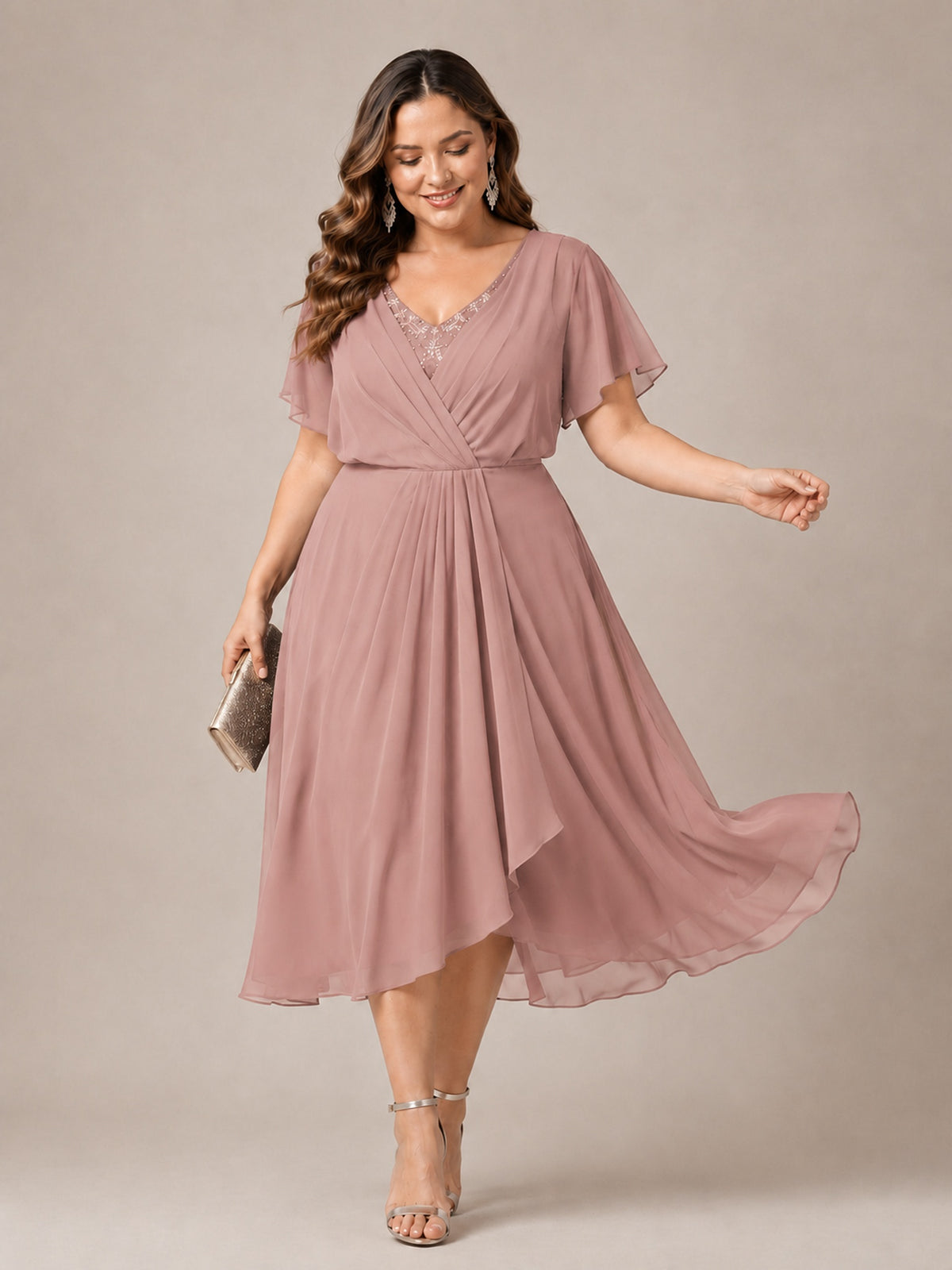 Navy Blue A-Line V-Neck Tea-Length Mother of the Bride Dress