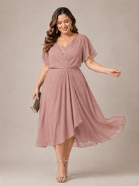 Navy Blue A-Line V-Neck Tea-Length Mother of the Bride Dress