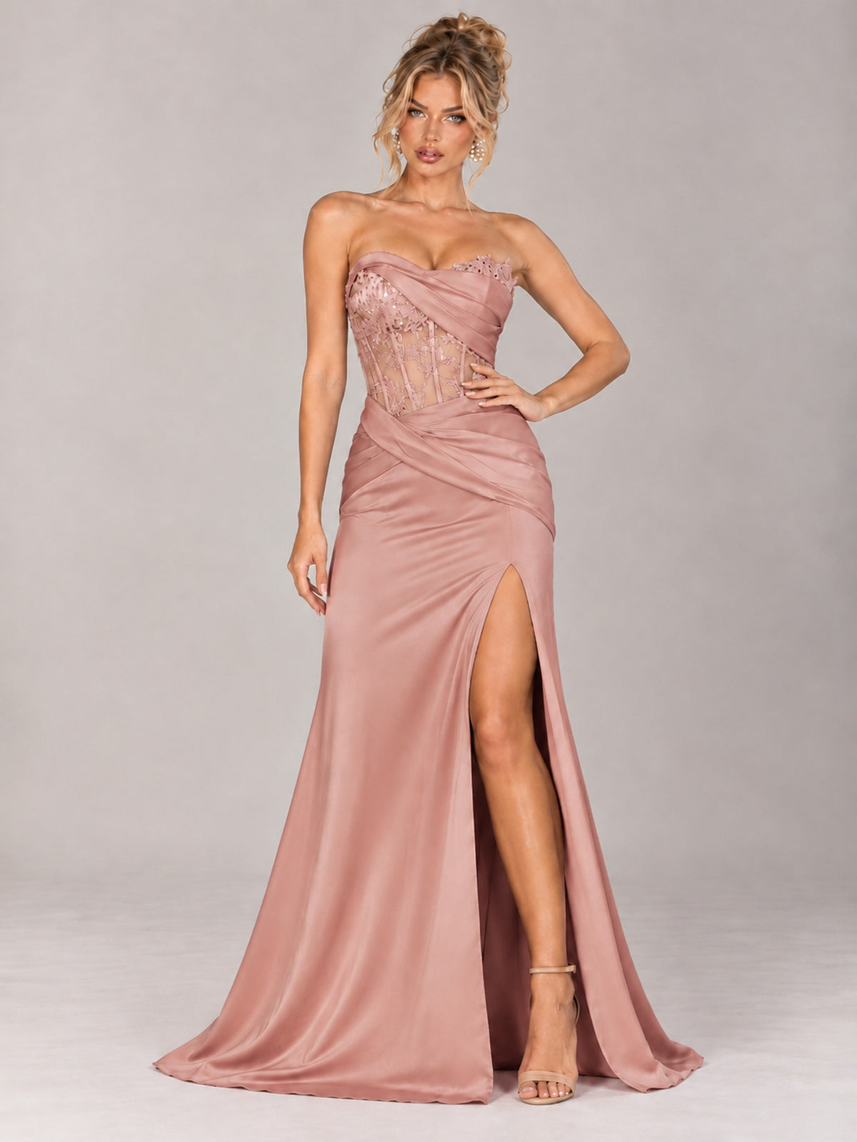 Strapless Satin Prom Dress with Sheer Lace Corset & High Slit